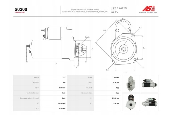 New Starter S0300 Customs tariff code 85114000