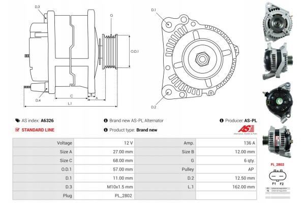 A6326 ALTERNATOR JEEP CHEROKEE 3 7 V6 Alternator charging current 136 A