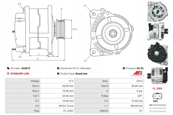 A3461S ALTERNATOR AS PL Alternator charging current 220 A