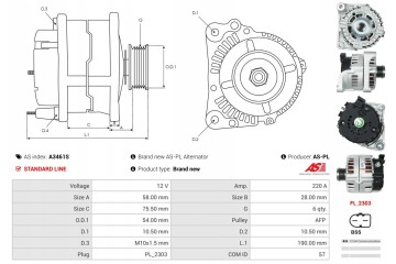 A3461S ALTERNATOR AS PL Alternator charging current 220 A