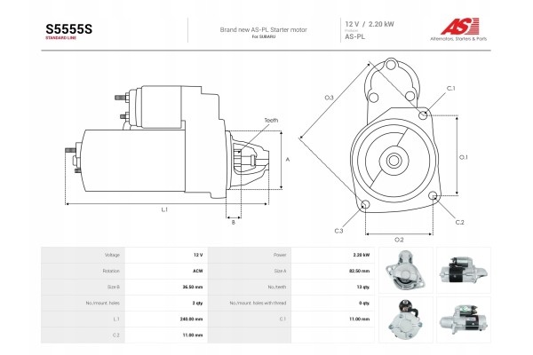 New Starter S5555S Customs tariff code 85114000