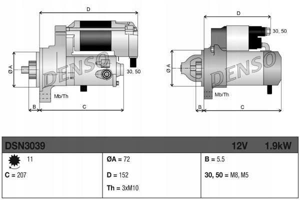 Starter DENSO DSN3039 Car type buses cargo vans passenger cars