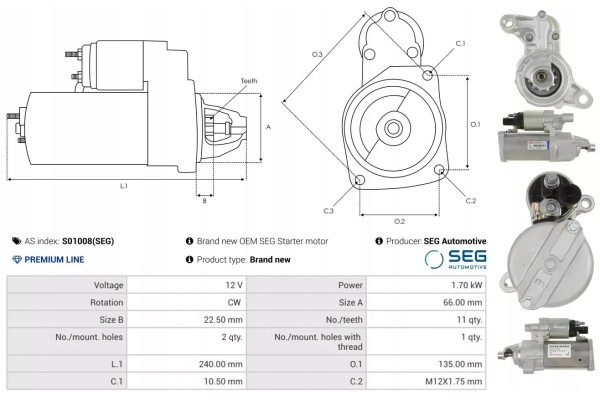 STARTER S01008 SEG AS AS PL Catalog number of substitutes A Z Meisterteile AZMT 53 010 1355 AD KUHNER 256538 AD KUHNER 256538S F