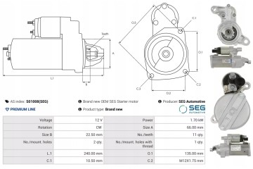 STARTER S01008 SEG AS AS PL Catalog number of substitutes A Z Meisterteile AZMT 53 010 1355 AD KUHNER 256538 AD KUHNER 256538S F