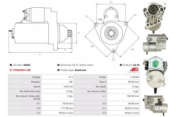 STARTER 12V 1 4KW S6092 AS AS PL Catalog number of substitutes AD KUHNER 255449 AD KUHNER 255449D AS PL S6092 AS PL SP6036S AS P