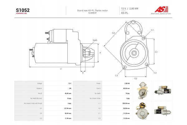 New Starter S1052 Customs tariff code 85114000