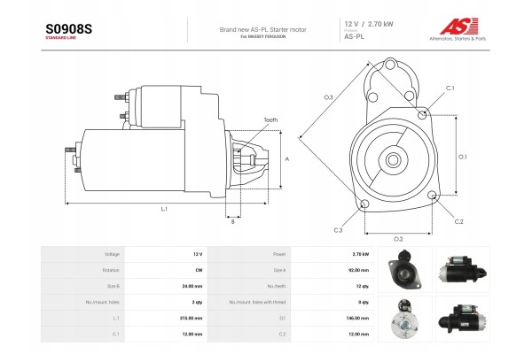 New Starter S0908S Catalog number of substitutes AD KUHNER 254408 BTS Turbo S102596 BV PSH 560 006 122 011 CASCO CST10313AS CASC