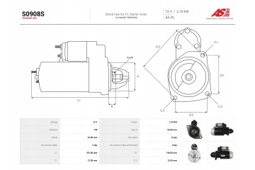 New Starter S0908S Catalog number of substitutes AD KUHNER 254408 BTS Turbo S102596 BV PSH 560 006 122 011 CASCO CST10313AS CASC