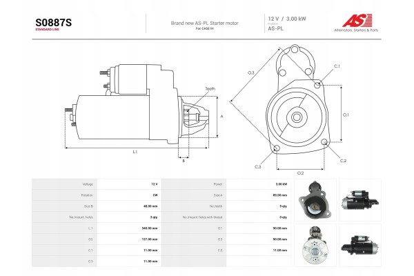 New Starter S0887S Customs tariff code 85114000