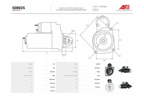 New Starter S0802S Customs tariff code 85114000