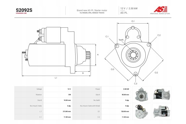 New Starter S2092S Customs tariff code 85114000