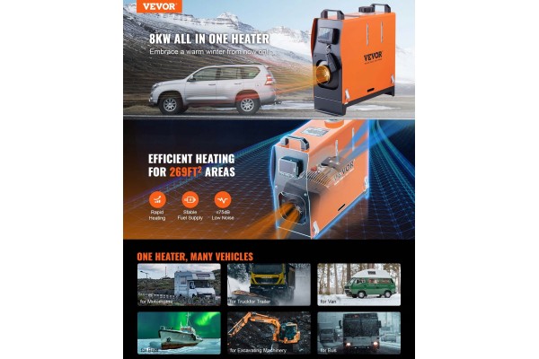 VEVOR Ogrzewanie postojowe Nagrzewnica 12V 8KW WABASTO Sterowanie Bluetooth Car type 4x4 SUV buses trucks cargo vans RVs passeng