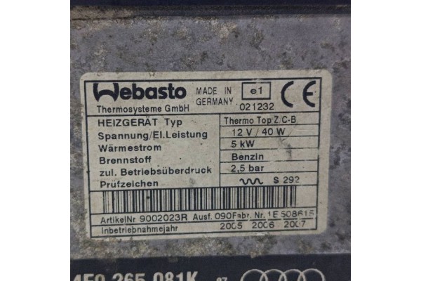 2006 Audi A8 S8 D3 4E Parking heater Webasto 4E0265081K Customs tariff code 87089997