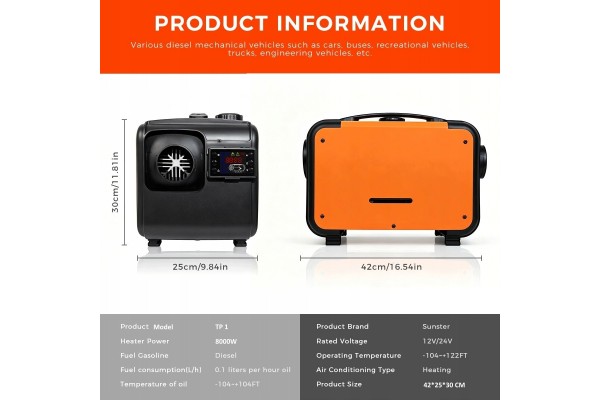 8KW SUNSTER Heater low consumption quiet operation Car type 4x4 SUV buses trucks cargo vans RVs passenger cars