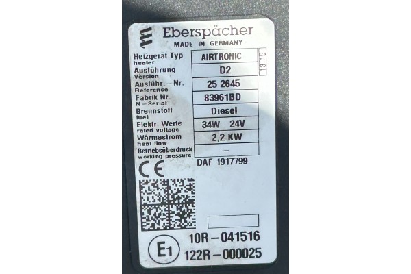 WEBASTO PARKING HEATING AIRTRONIC D2 2 2 KW DAF CF EURO 6 1917799 Part manufacturer DAF OE