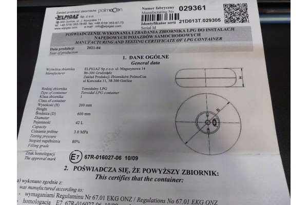 GAS CYLINDER LPG 42L 2031R IN CIRCLE PAPER VALVE ID 241469 Part manufacturer Elpigaz