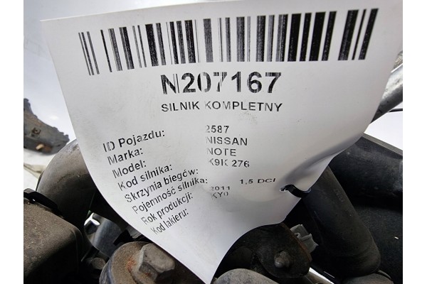 ENGINE COMPLETE K9K276 1 5 DCI 89 KM NISSAN NOTE Car type passenger cars