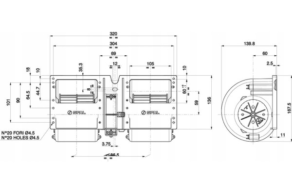 BLOWER SPAL 011 A40 22 DOUBLE 12V 3 GEARS 320x140x167mm Catalog number of the part A WE 1208053