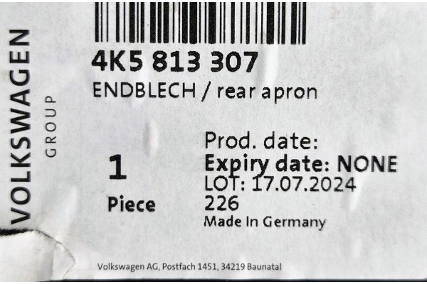 AUDI A6 C8 SEDAN REAR BODY BELT REAR WALL REINFORCEMENT OE 4K5813307 Catalog number of the original 4K5813307 4K5 813 307