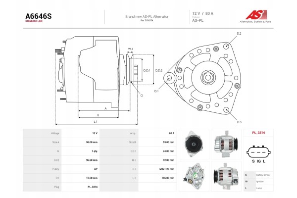 New Alternator A6646S Alternator charging current 80 A