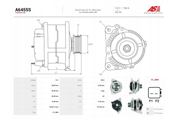 New Alternator A6455S Alternator charging current 160 A