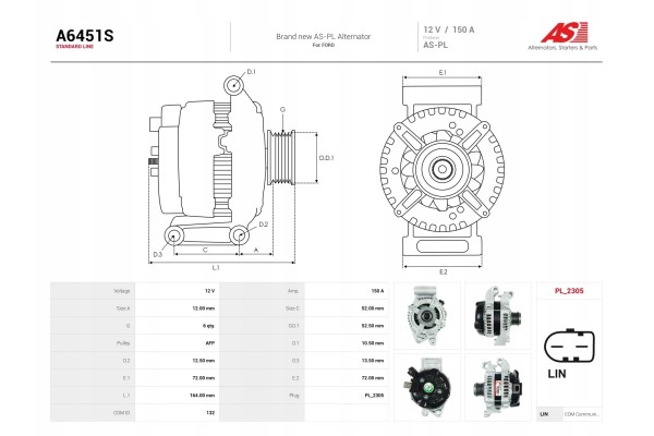 New Alternator A6451S Alternator charging current 150 A