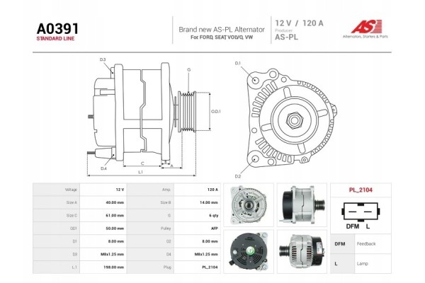 A0391 New alternator 120A 12V for Ford Seat Volvo VW Car type cargo vans passenger cars