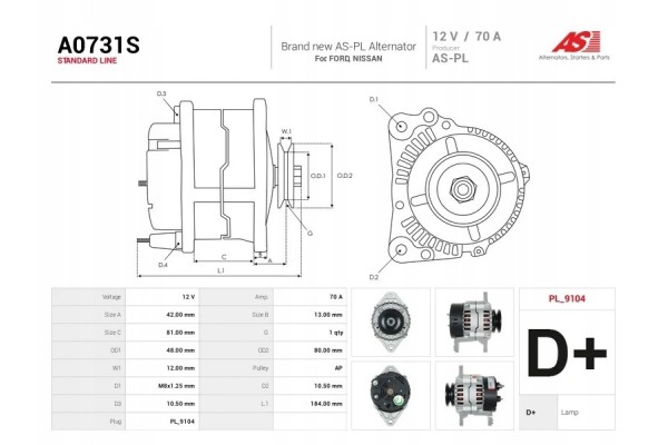 A0731S New 70A 12V Alternator for Ford Macerick Nissan Terrano 1 7 TD TDi Car type cargo vans passenger cars
