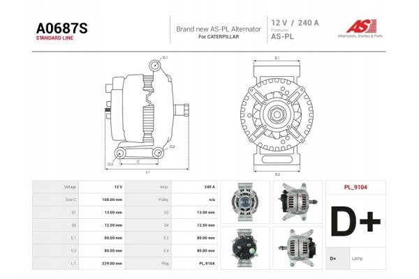 A0687S New Alternator 240A 12V for Caterpillar C13 Acert C18 C9 3 Quality of parts according to GVO P replacement with original 