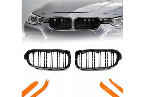 DUMMY GRILL KIDNEY BMW 3 F30 F31 12 19 BLACK GLOSS 2 RIBS SET