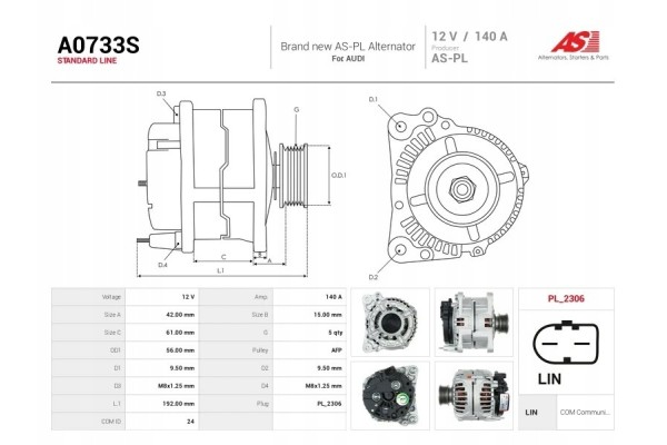 A0733S New alternator 140 12V for AUDI A3 Q3 TT Car type passenger cars