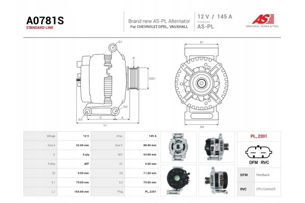 A0781S New alternator 145A 12V for Chevrolet Opel Quality of parts according to GVO P replacement with original quality