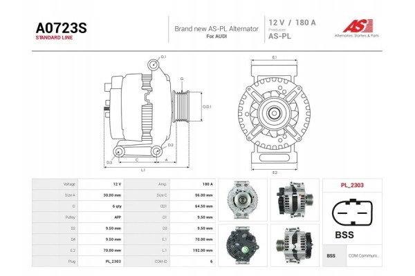A0723S New alternator 180A 12V for Audi Quality of parts according to GVO P replacement with original quality