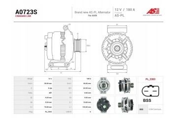 A0723S New alternator 180A 12V for Audi Quality of parts according to GVO P replacement with original quality