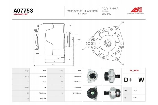 A0775S New 90A 12V Alternator for SAAB 9 3 YS3D Quality of parts according to GVO P replacement with original quality