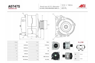 A0747S New alternator 150A 12V for Audi Ford Mercedes Seat VW Product weight with unit packaging 11 kg