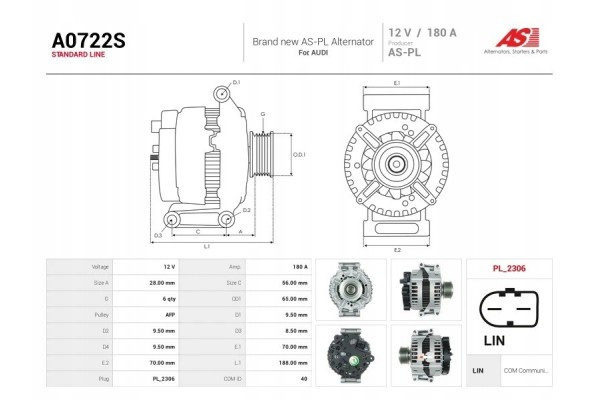 A0722S New alternator 180A 12V for AUDI A6 Allroad C6 Quality of parts according to GVO P replacement with original quality