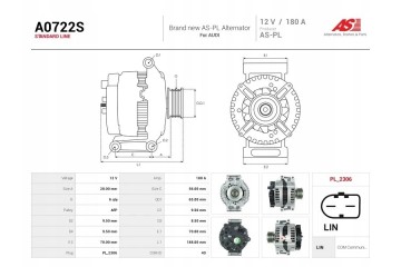 A0722S New alternator 180A 12V for AUDI A6 Allroad C6 Quality of parts according to GVO P replacement with original quality