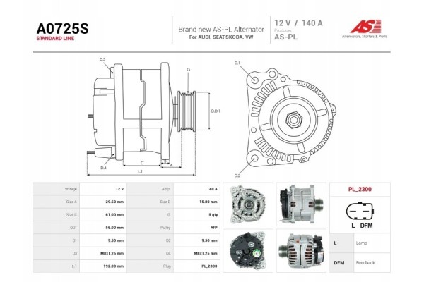 A0725S New alternator 140A 12V for Audi Seat Skoda VW Car type passenger cars