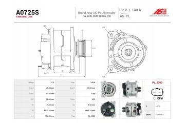 A0725S New alternator 140A 12V for Audi Seat Skoda VW Car type passenger cars