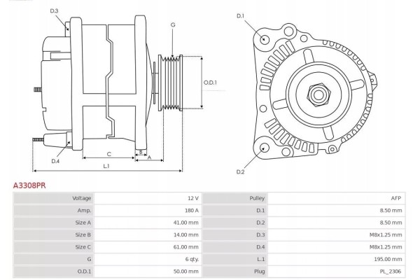 A3308PR ASP ALTERNATOR AS PL AS PL Alternator charging current 180 A