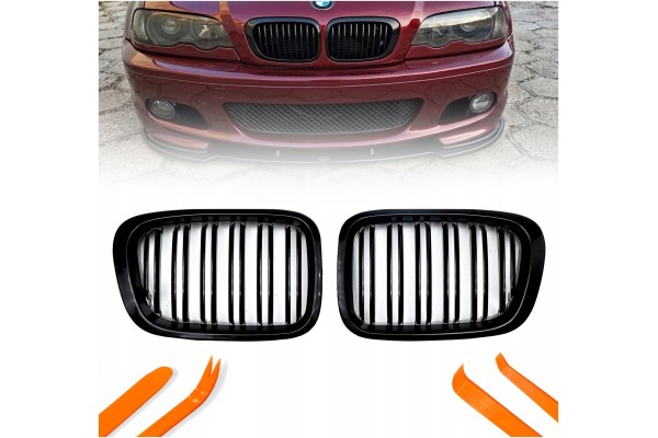 DUMMY GRILL KIDNEY BMW 3 E46 BLACK GLOSS 2 RIBS 1997 2001 Installation side front